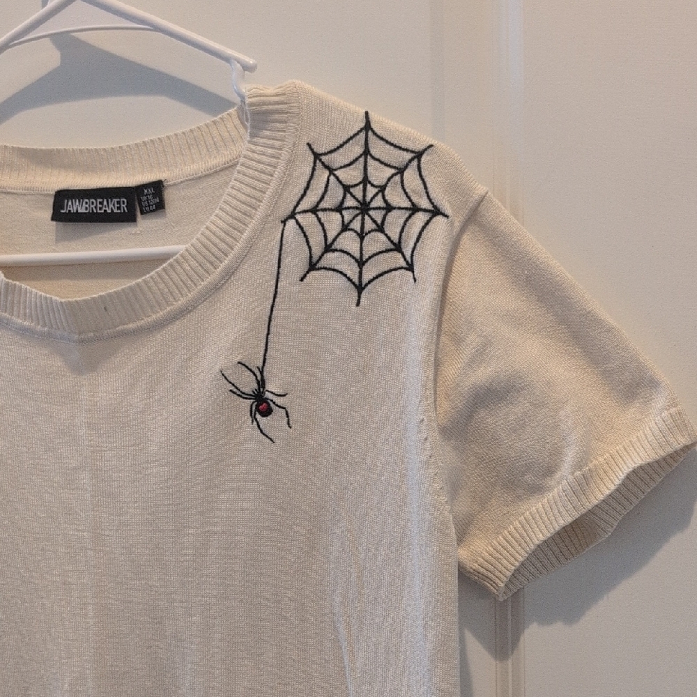 Janie and Jack Cream Short-Sleeve Spider Embroidered Knit Top - Picture 4 of 7
